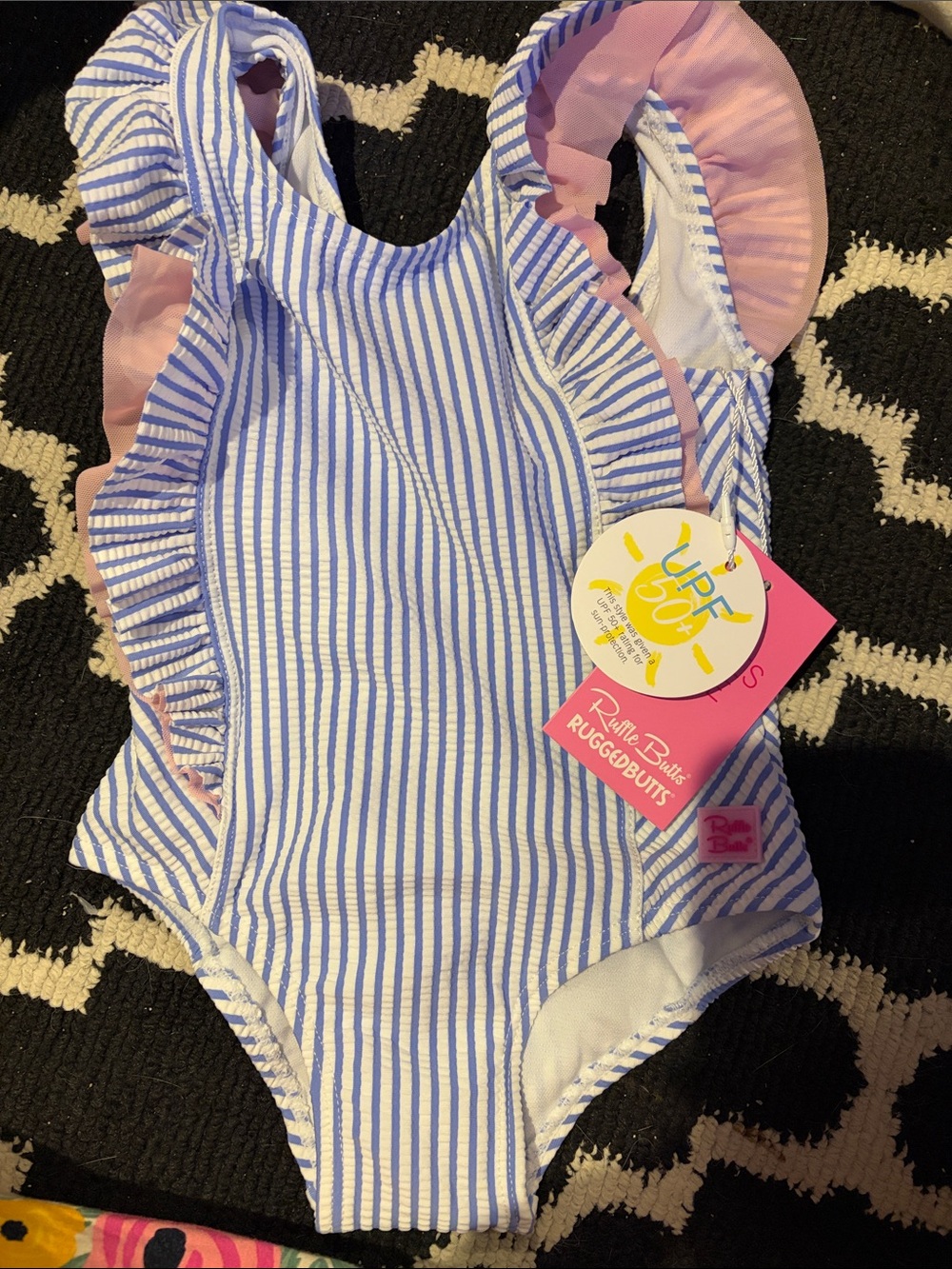 Ruffle Butts Blue & White Seersucker One-Piece Swimsuit with Pink Ruffle Trim